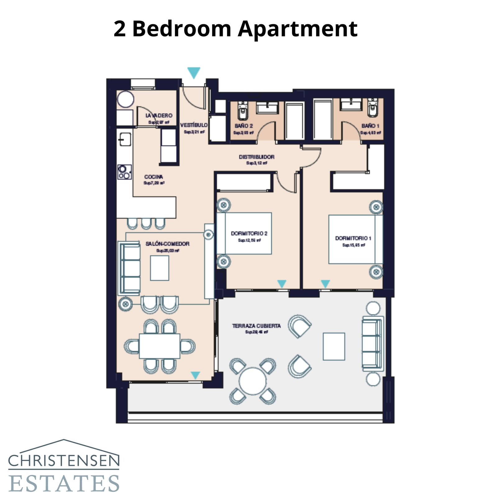 Este plano de dos dormitorios presenta un diseño inteligente con una sala de estar abierta, dos baños y una gran terraza cubierta para disfrutar del clima.
