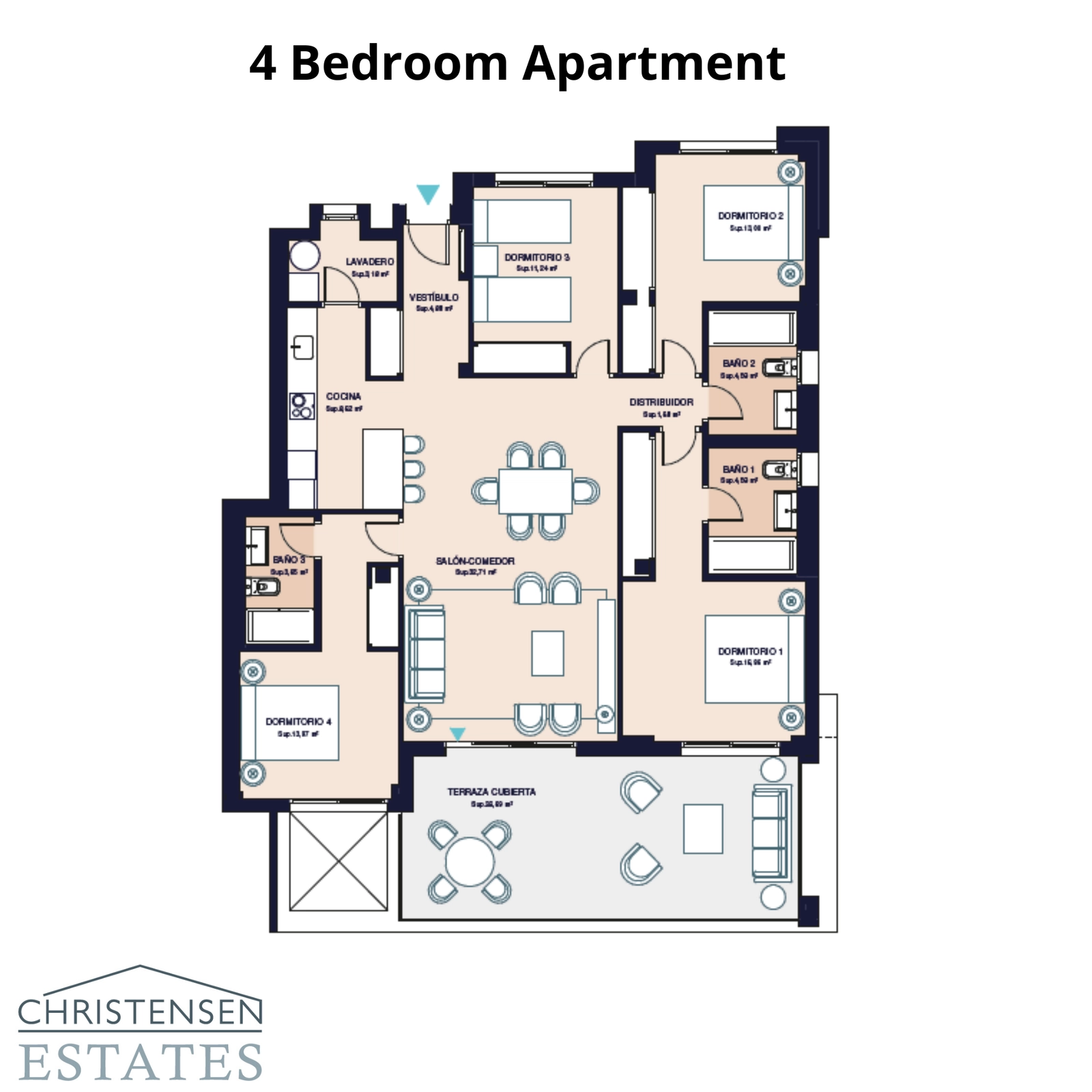 El apartamento de cuatro dormitorios ofrece un amplio espacio para la familia e invitados, con una distribución funcional que separa las áreas de día y noche para mayor privacidad y comodidad.