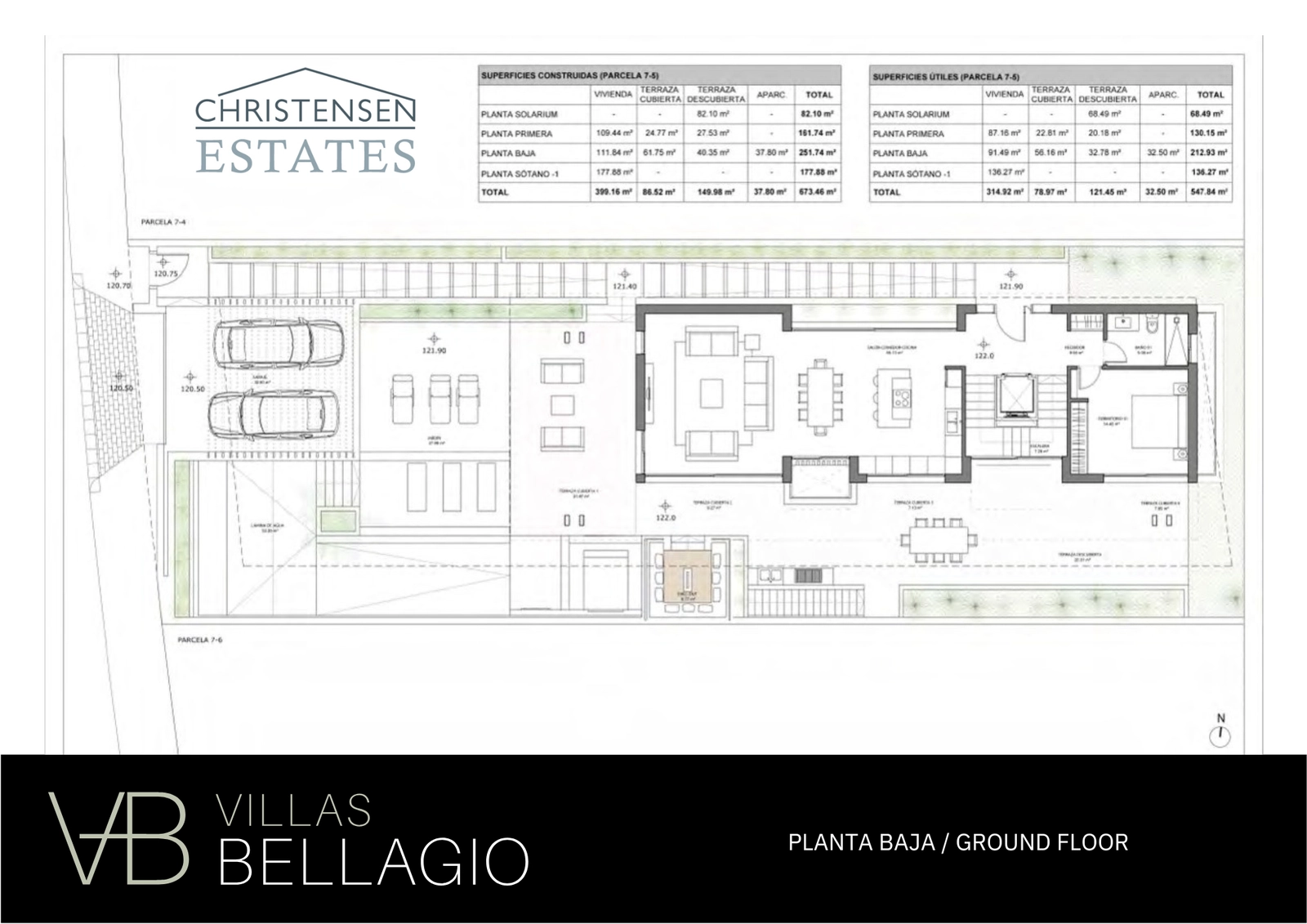 Planta Baja: Una amplia distribución de concepto abierto conecta las zonas de salón, comedor y cocina, fluyendo sin interrupciones hacia la terraza principal, el jardín privado y la piscina.