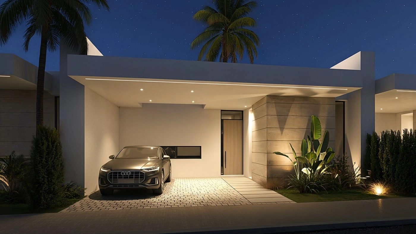 Una entrada sofisticada por la noche, con una iluminación cuidadosamente diseñada que crea una cálida e impresionante bienvenida.