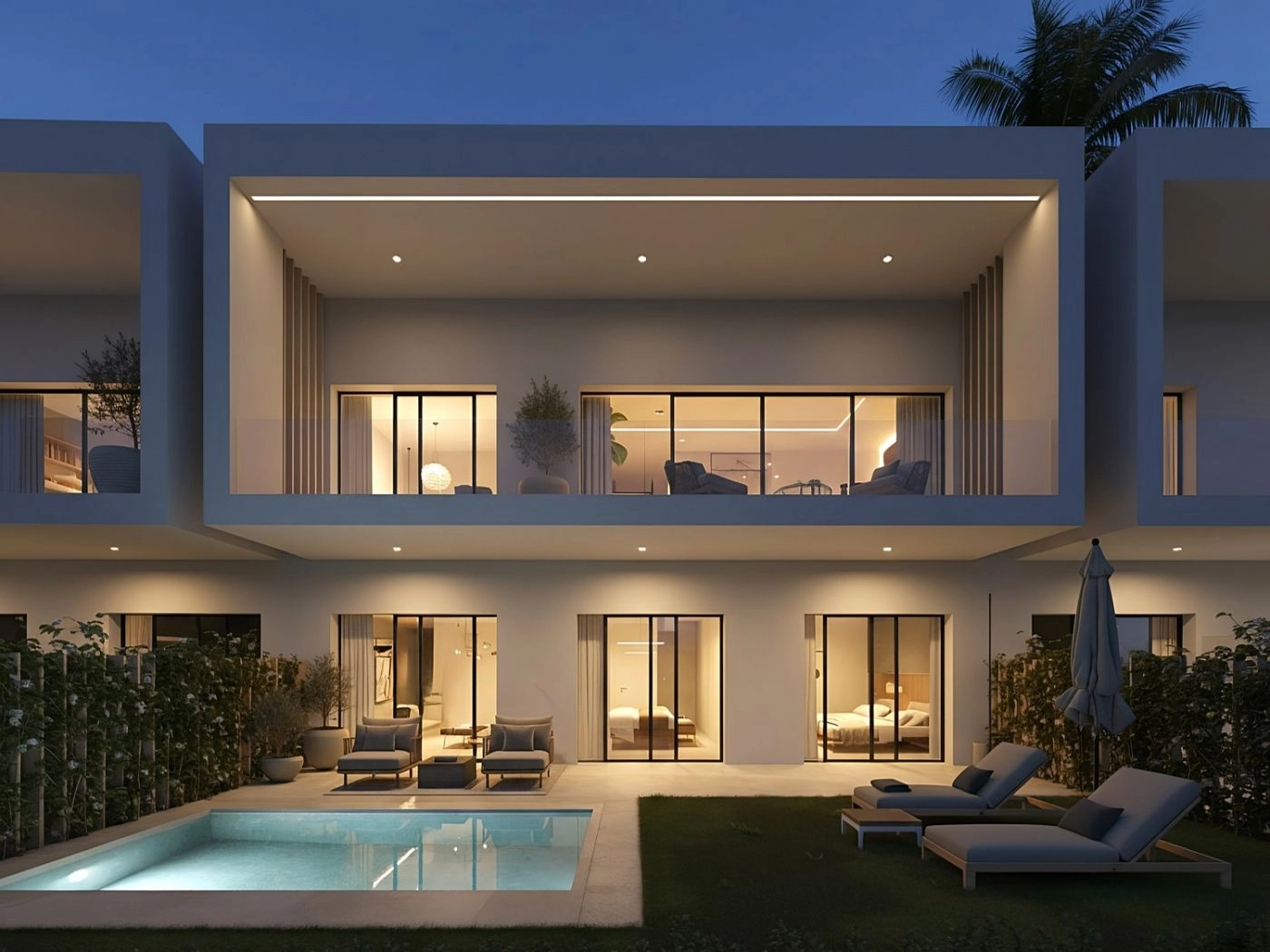 El exterior de la villa por la noche, destacando las líneas limpias de su arquitectura y el brillo acogedor de la piscina privada.