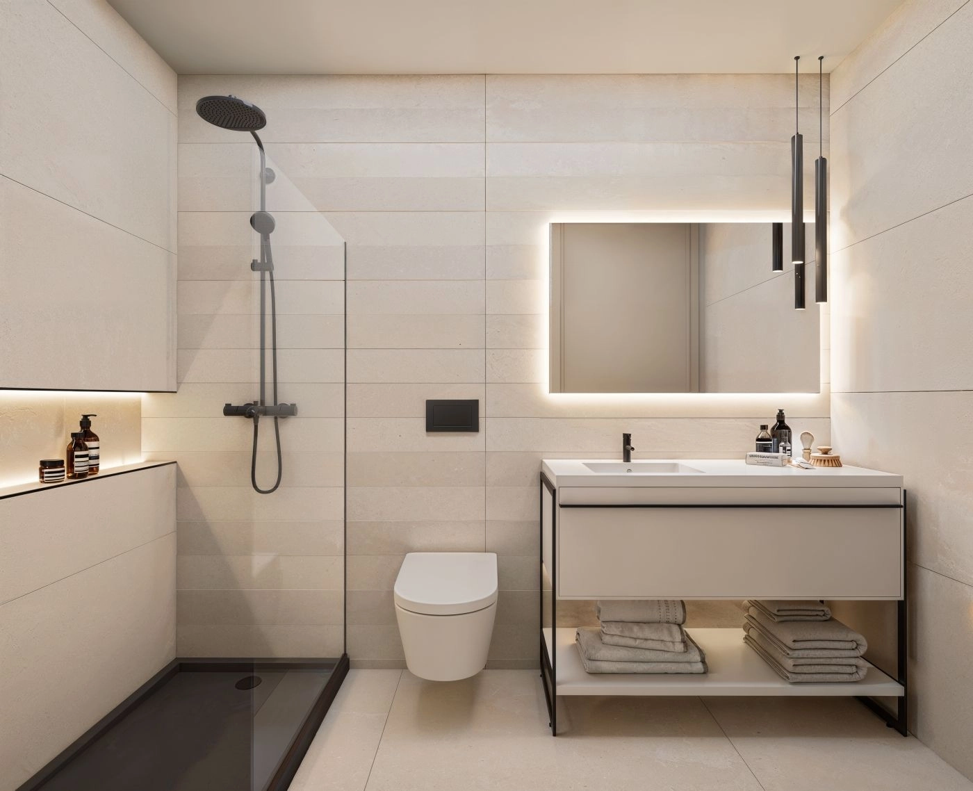 Un baño en suite elegante y moderno, diseñado con materiales de alta calidad y accesorios contemporáneos para el máximo confort.