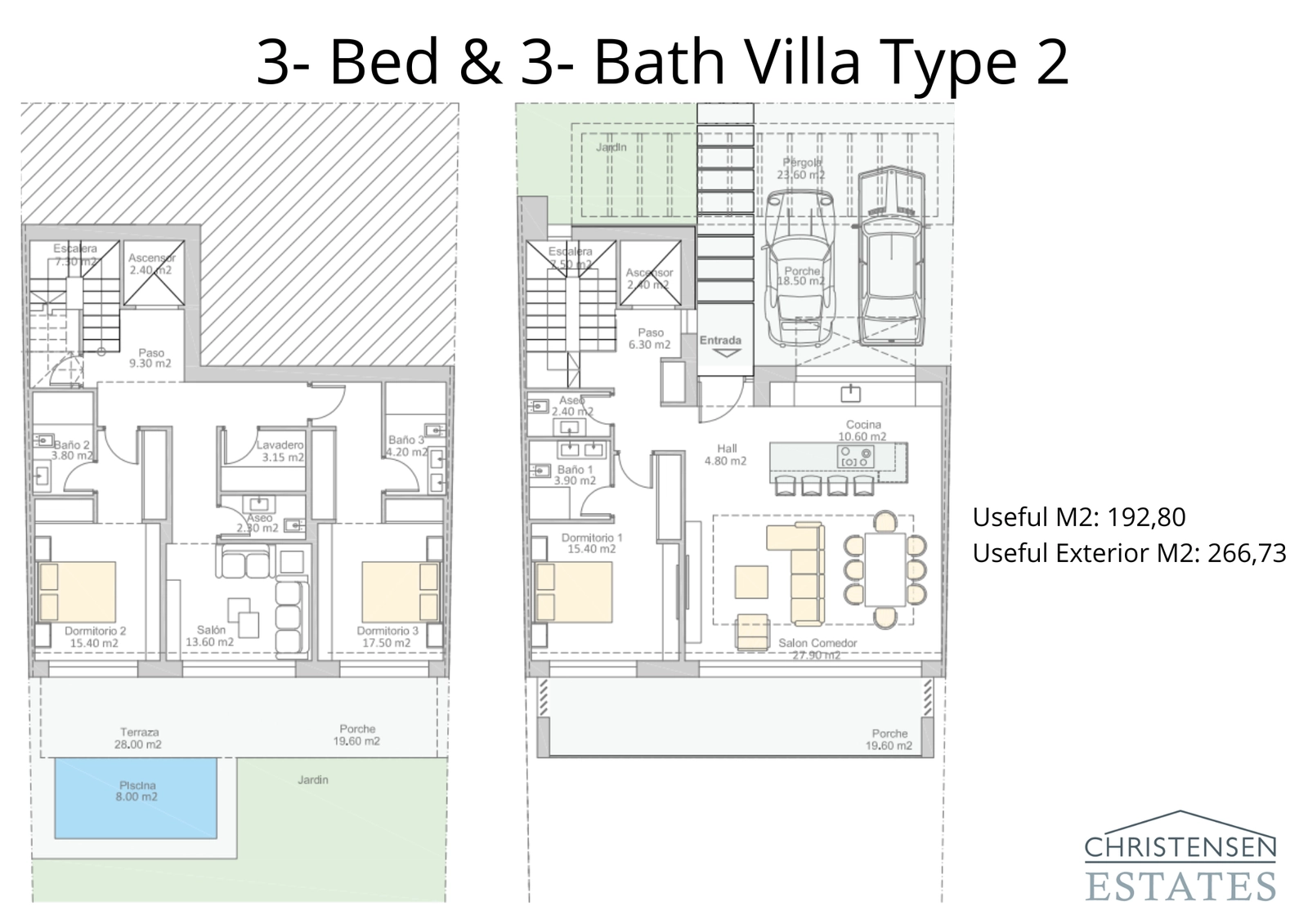 Plano de la villa Tipo 2, que ilustra la generosa distribución con tres dormitorios con baño en suite y amplias zonas de estar diseñadas para el confort moderno.