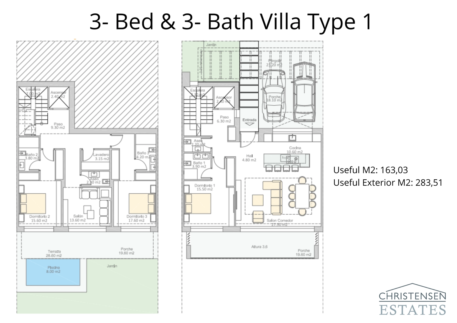 La distribución de esta villa muestra un uso inteligente del espacio, creando un flujo continuo entre las estancias interiores y la terraza y jardín exteriores.