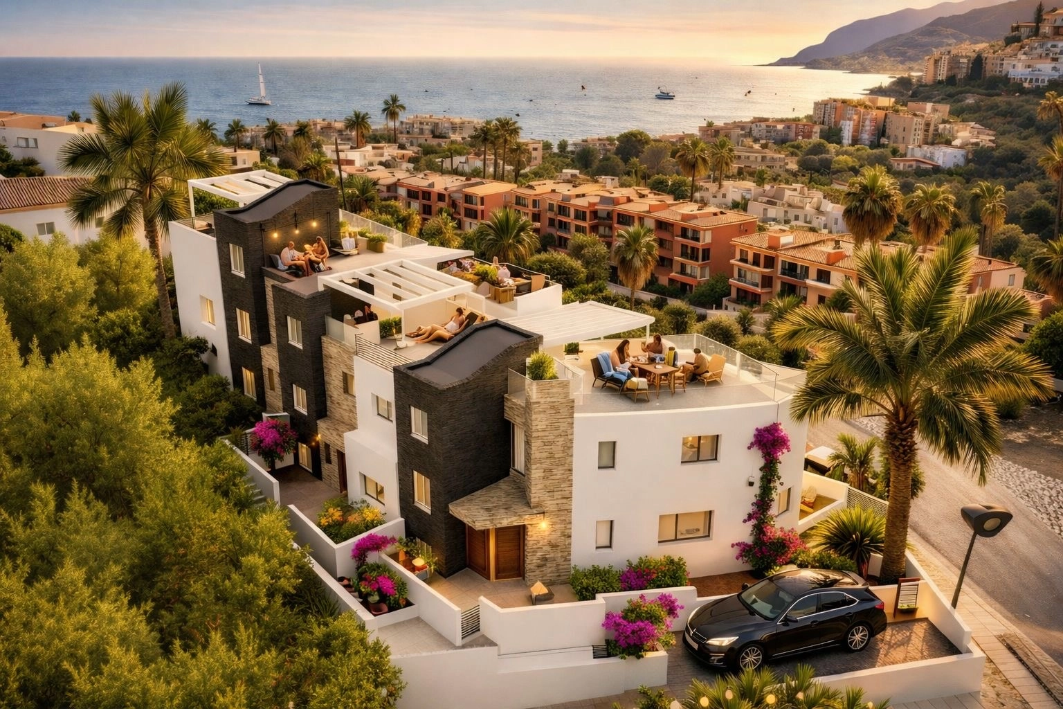 Al caer la tarde, las terrazas de la azotea se convierten en el escenario perfecto para relajarse y disfrutar del atardecer sobre el mar Mediterráneo.