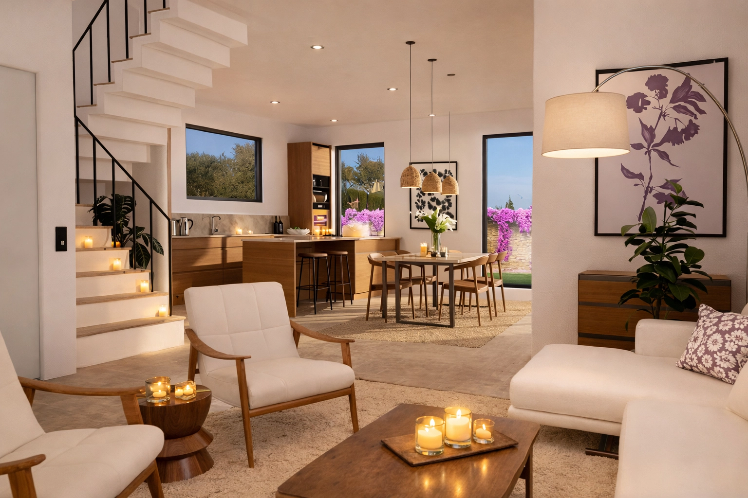 El diseño de planta abierta conecta el salón, el comedor y la cocina, creando un flujo armonioso en toda la planta principal.