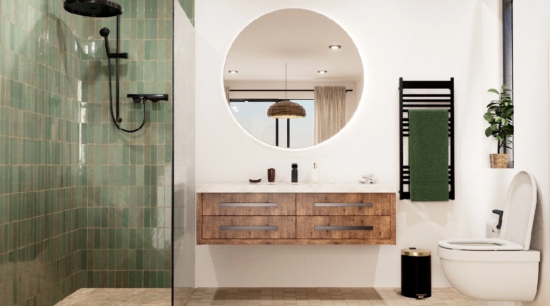 Un cuarto de baño elegantemente equipado con materiales de alta calidad y diseño contemporáneo para una experiencia de spa en casa.