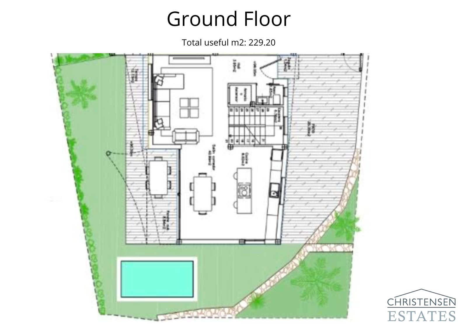 Este plano de planta baja muestra la zona de estar de planta abierta que fluye sin problemas hacia el jardín privado y la terraza de la piscina.