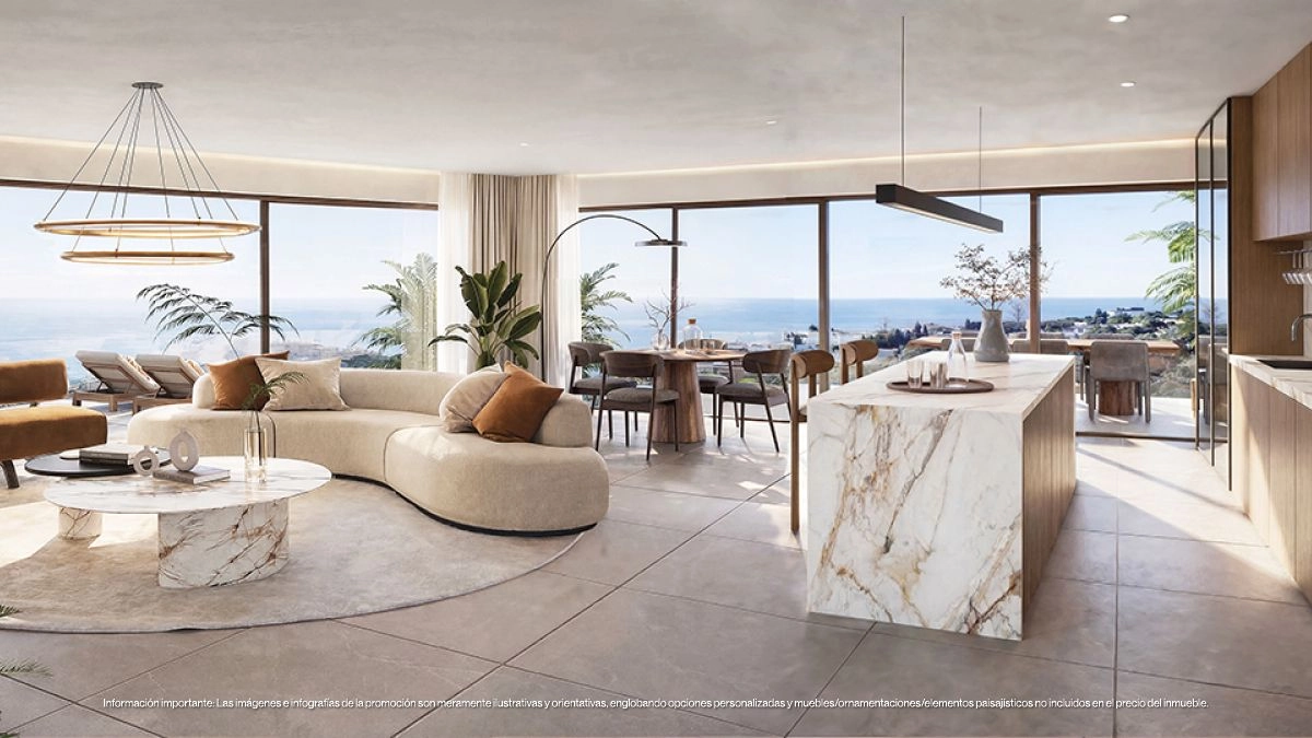 Una amplia zona de estar se conecta a la perfección con el exterior, llena de luz natural y ofreciendo increíbles vistas al mar.