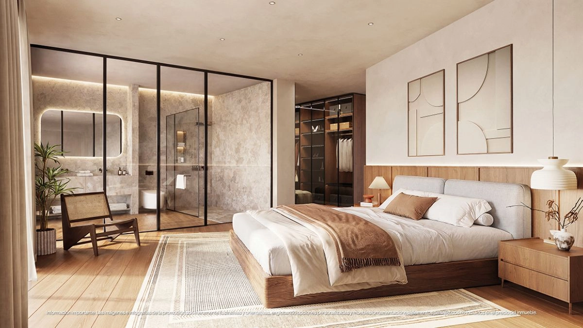 El sereno dormitorio principal ofrece un refugio de paz, con tonos neutros y un diseño amplio y moderno.
