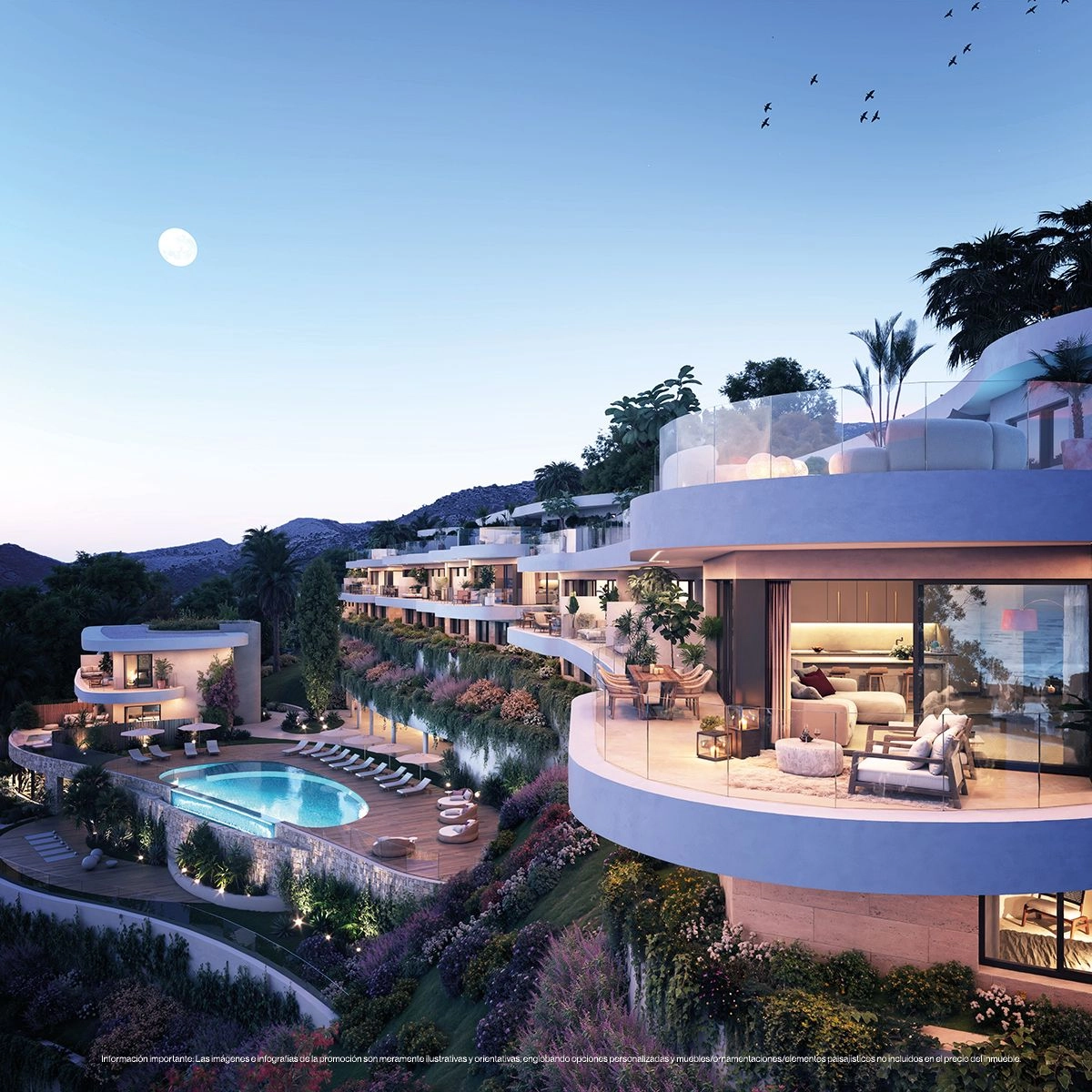 Al caer la noche, la arquitectura de la urbanización se ilumina bellamente, creando un ambiente exclusivo y tranquilo.