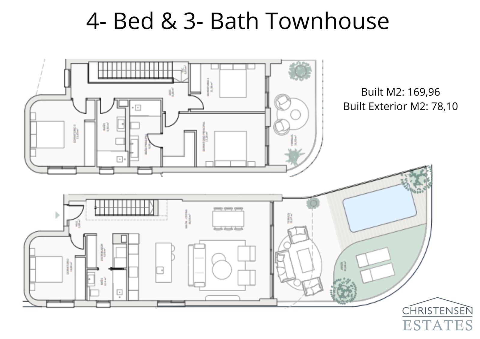 La distribución de cuatro dormitorios ofrece amplio espacio para la vida familiar, incluyendo un dormitorio en la planta baja y una zona de ocio exterior integrada.