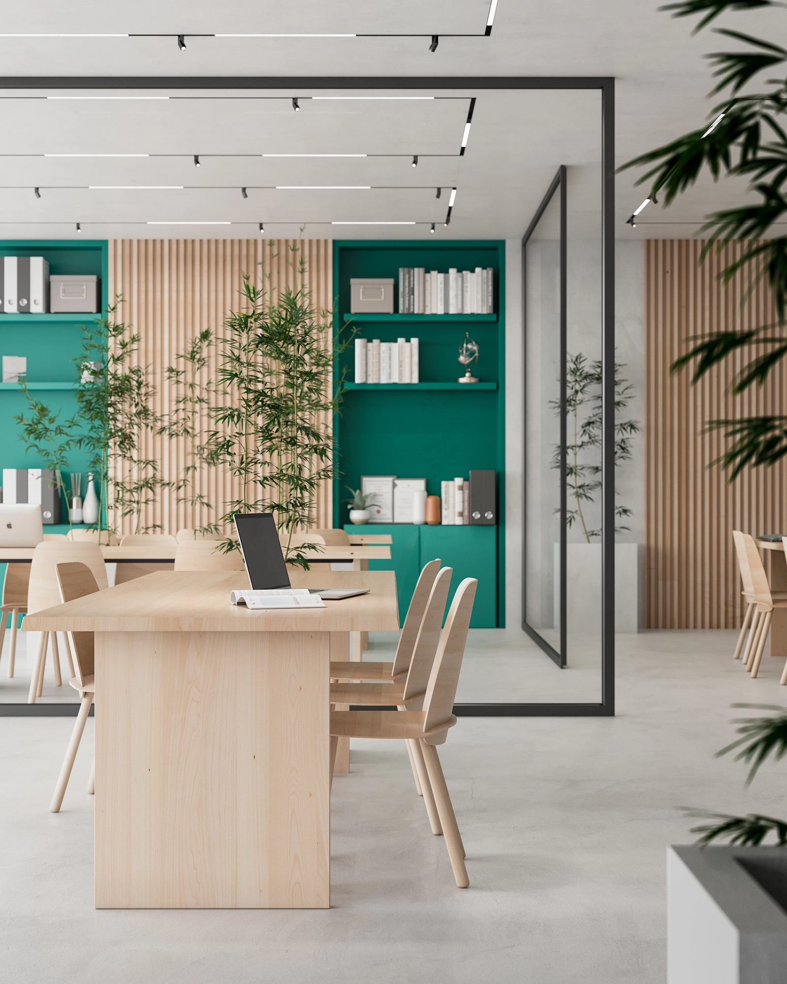 Un elegante y tranquilo espacio de co-working diseñado para la productividad, que ofrece un ambiente confortable para los residentes.