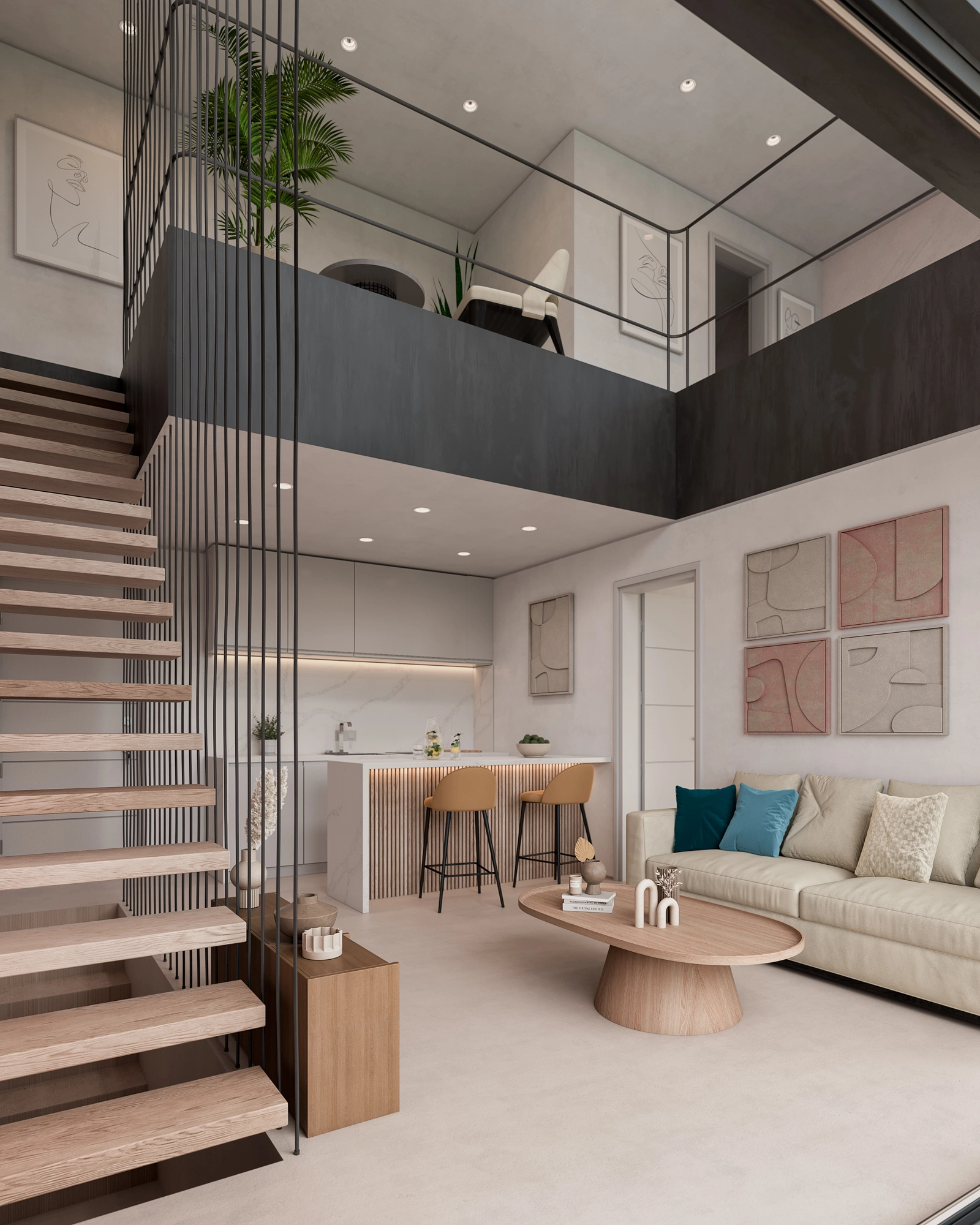 La zona de estar de concepto abierto combina un diseño contemporáneo con un ambiente cálido y acogedor, perfecto para relajarse o entretenerse.