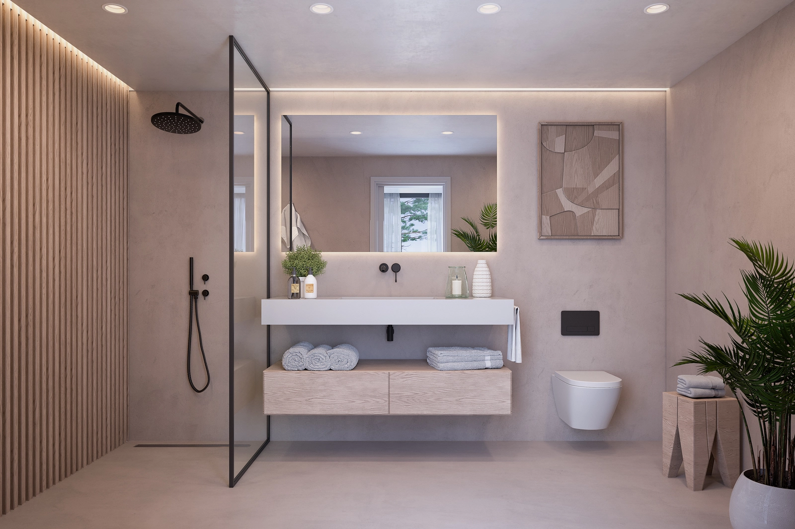 Un sofisticado cuarto de baño con accesorios modernos, una amplia ducha a ras de suelo y elegantes detalles de diseño.