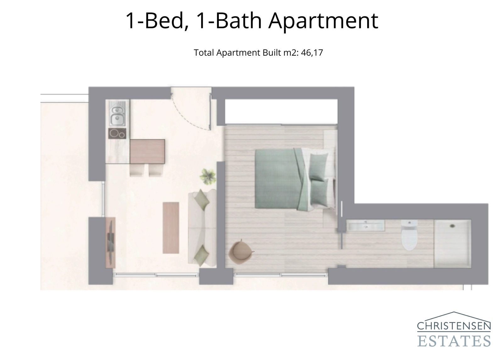 La distribución de este apartamento de un dormitorio está diseñada para el confort y la eficiencia modernos, perfecta para individuos o parejas.