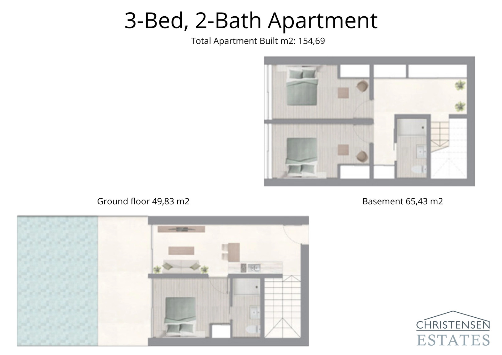 Una distribución de apartamento dúplex de tres dormitorios con acceso directo a la terraza de la piscina comunitaria, ideal para la vida familiar.