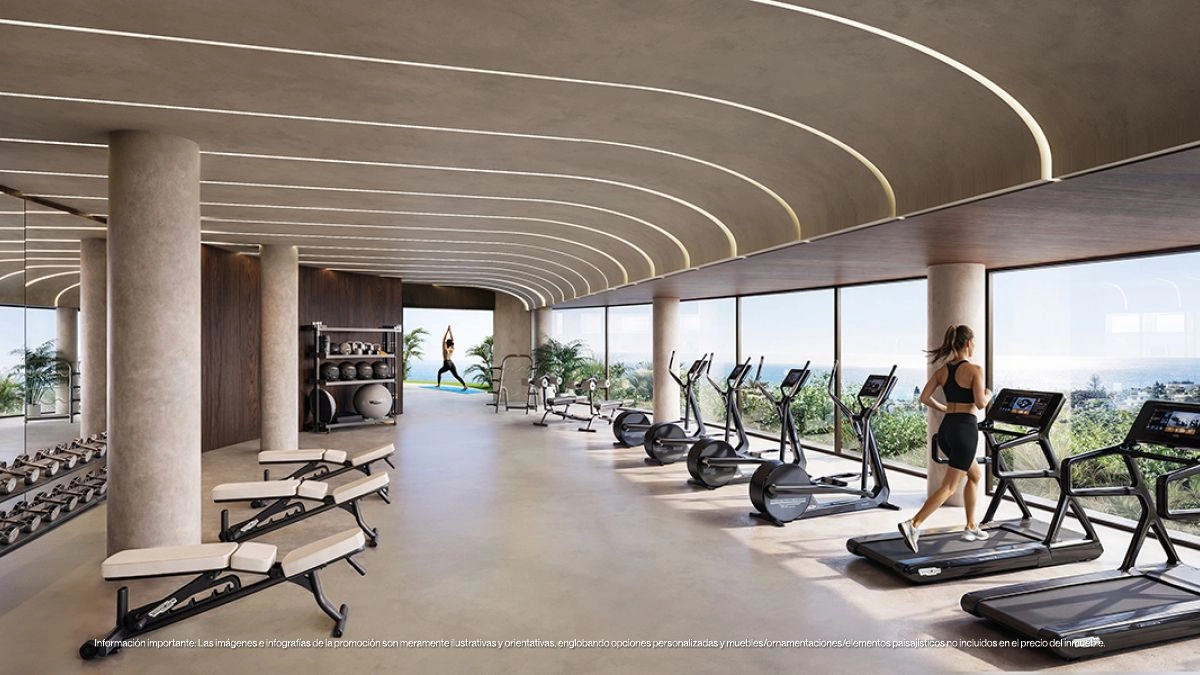 El gimnasio de última generación está totalmente equipado y cuenta con grandes ventanales con vistas inspiradoras para mejorar su entrenamiento.