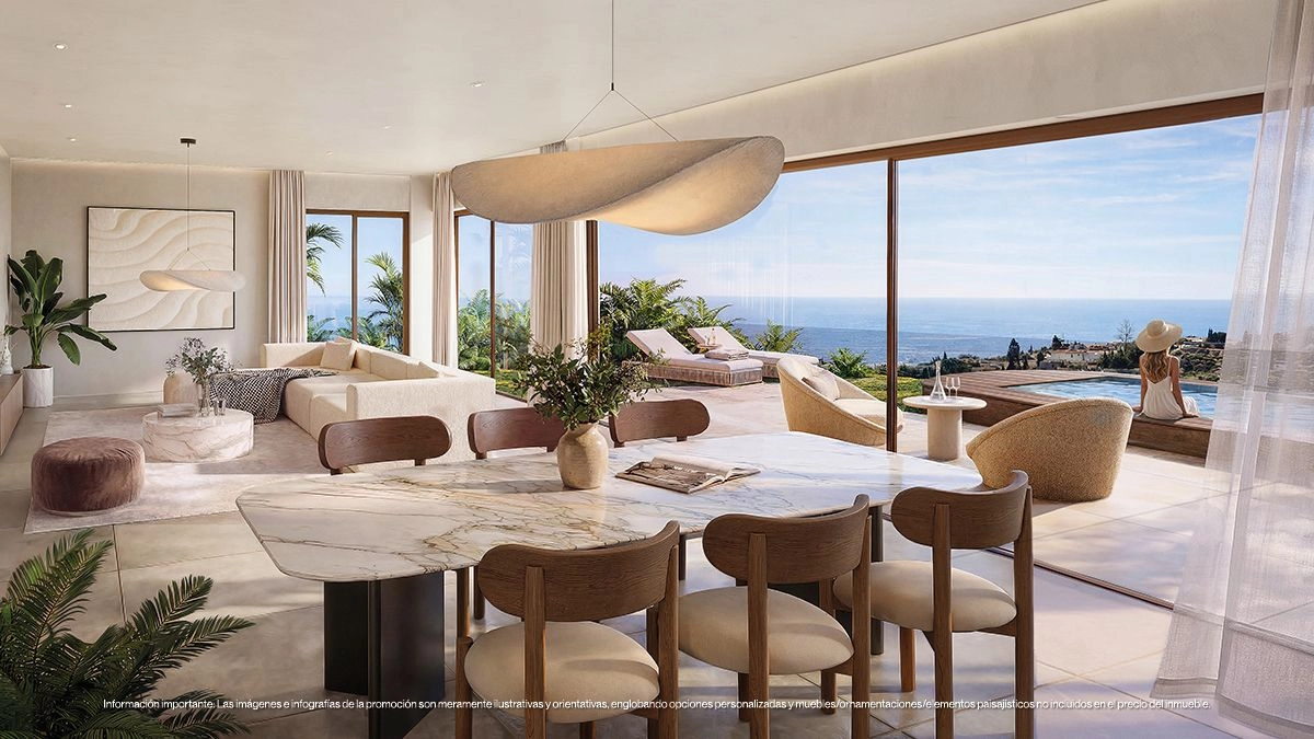 El comedor de planta abierta está diseñado para el entretenimiento, combinando un diseño elegante con vistas impresionantes al mar.