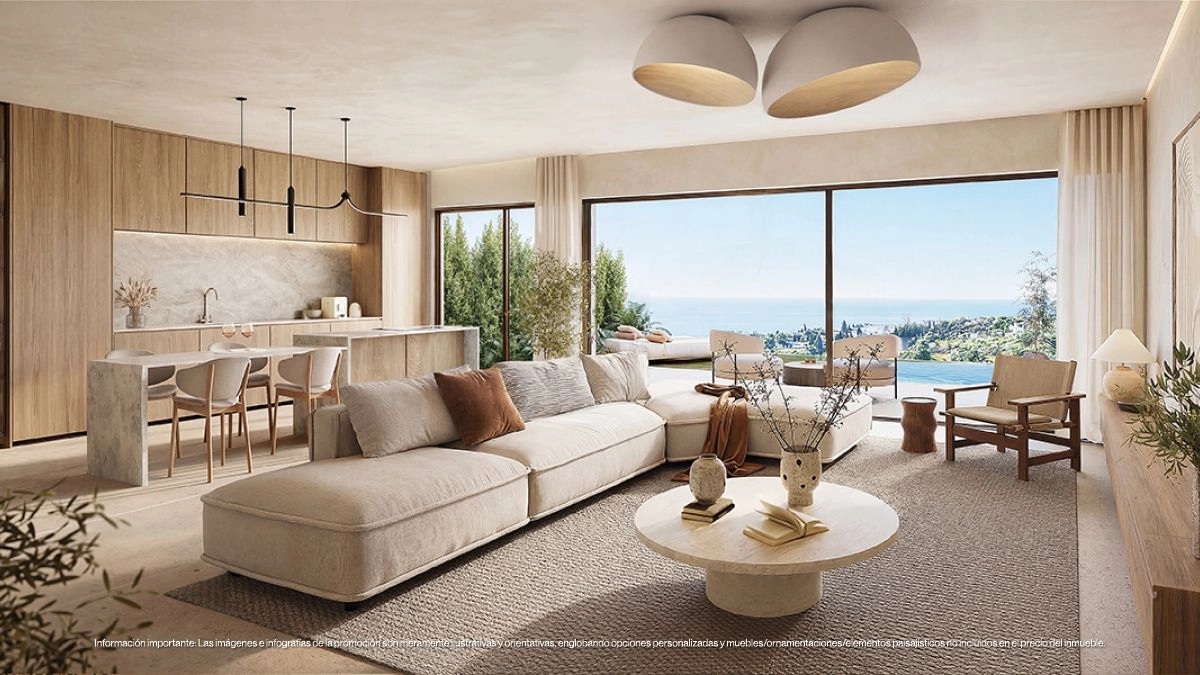 La cocina y el salón se abren directamente a la terraza, creando un ambiente perfecto para la vida interior-exterior.