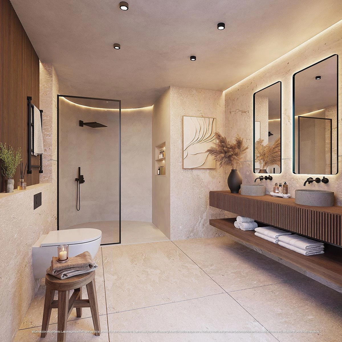 Un cuarto de baño bellamente diseñado con materiales naturales de alta calidad, creando un ambiente de spa para la relajación diaria.