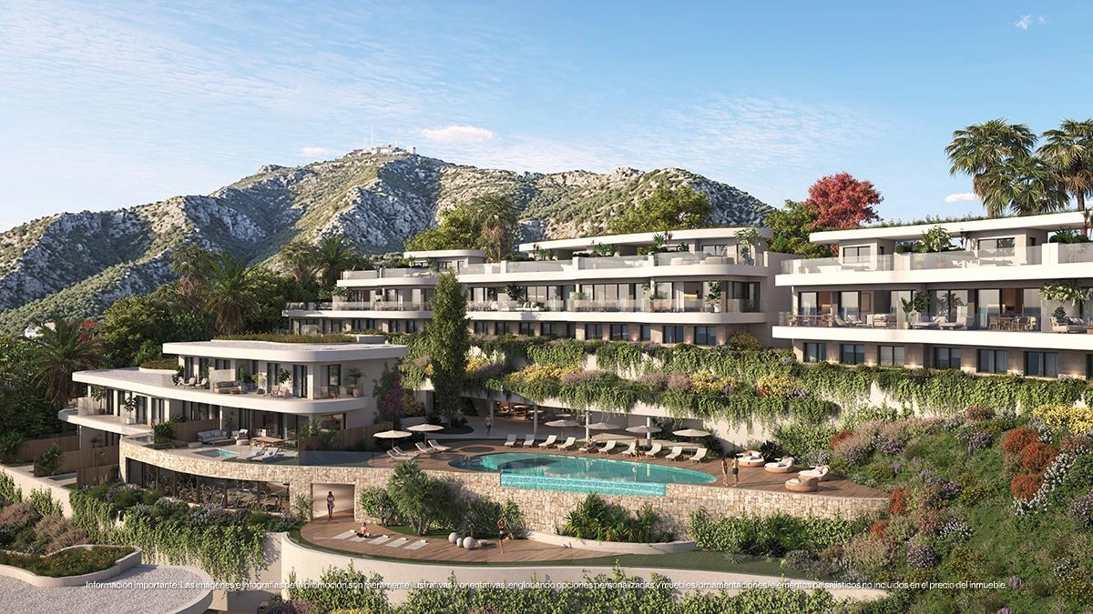 Una vista amplia de la urbanización, mostrando cómo su diseño innovador armoniza con el paisaje natural de la ladera.