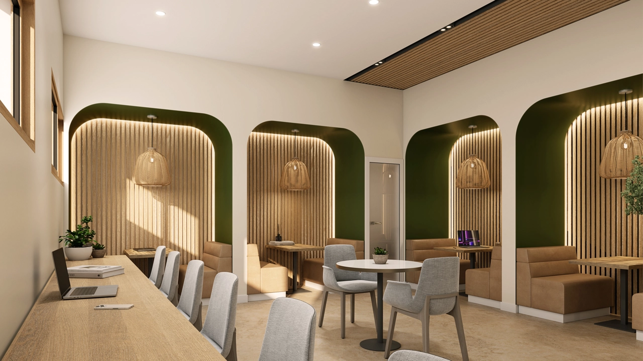 Un espacio de co-working elegante y funcional, que ofrece un ambiente cómodo para trabajar o celebrar reuniones.