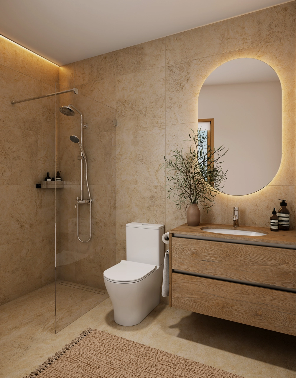 Un cuarto de baño moderno y elegante, con materiales de alta calidad y diseño contemporáneo para una experiencia tipo spa.