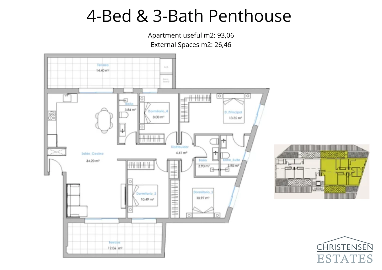 Plano de un ático espacioso de cuatro dormitorios, diseñado para una vida de lujo con un amplio salón y dos terrazas separadas para disfrutar de las vistas.