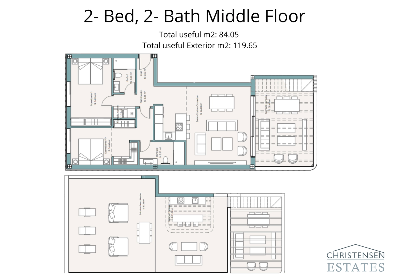 Un plano de apartamento de dos dormitorios bien diseñado que presenta un extenso espacio de vida al aire libre en varias terrazas.