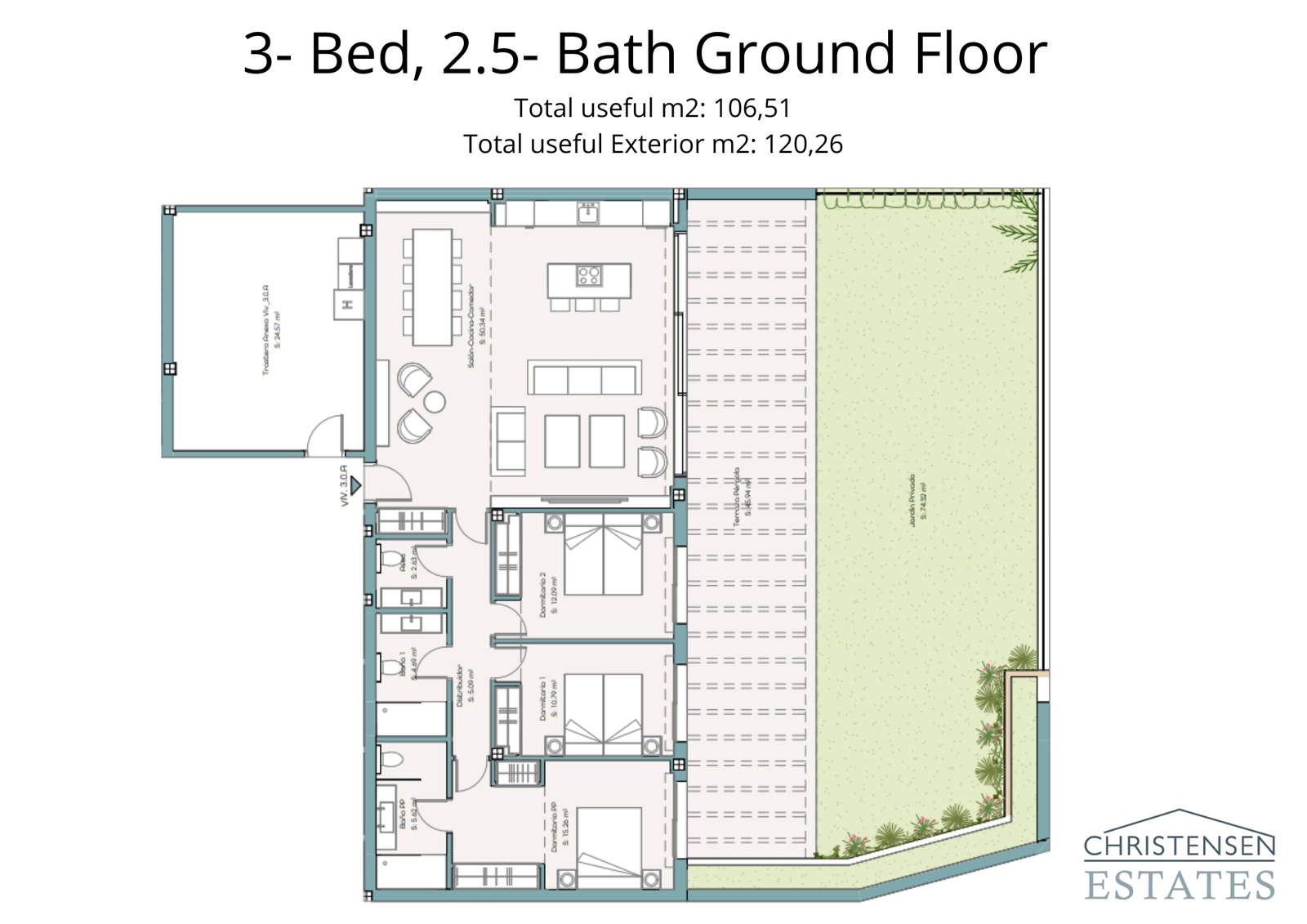 Amplia distribución en planta baja de tres dormitorios con un gran jardín privado, perfecto para la vida familiar.