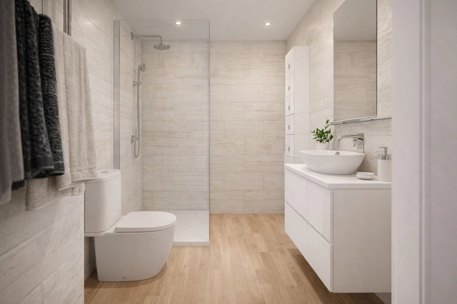 Un baño elegante y funcional con accesorios contemporáneos.