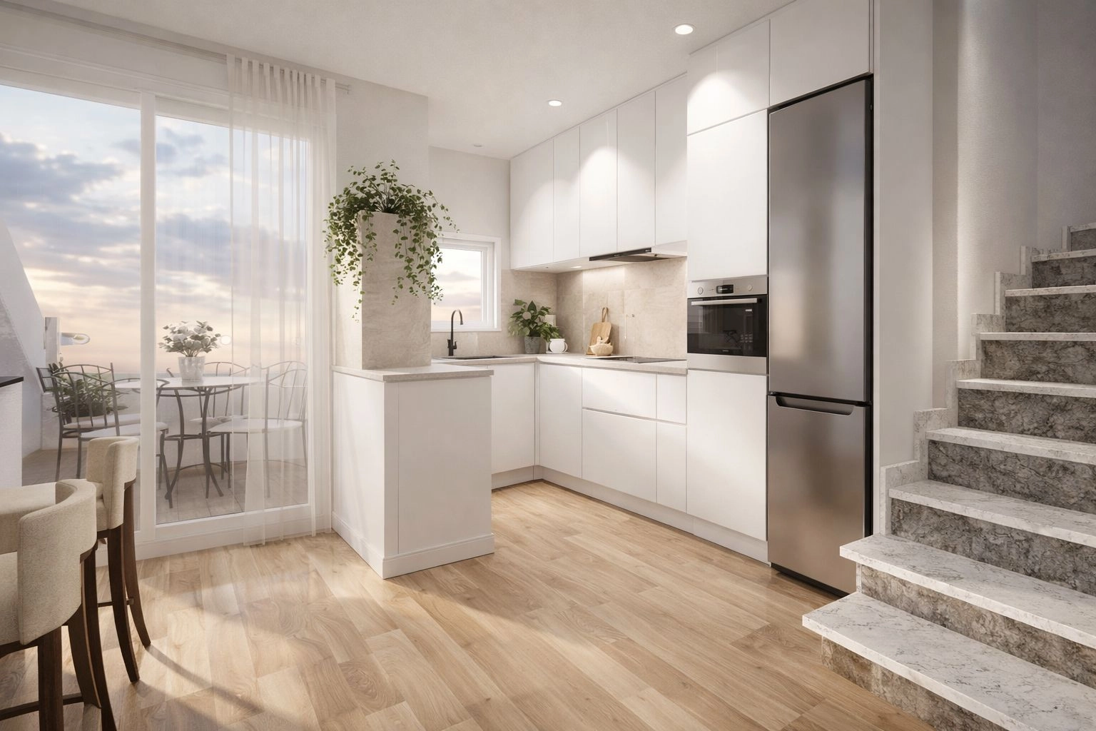 La cocina moderna se integra a la perfección con una terraza, ideal para la vida interior-exterior.