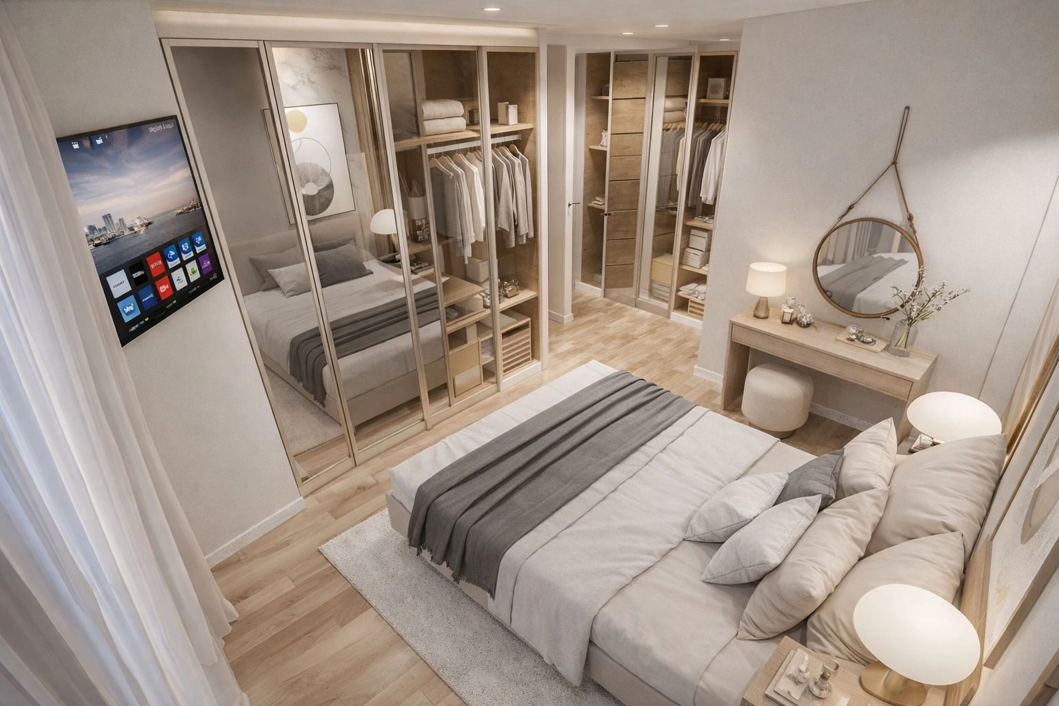 Un dormitorio sereno con amplio espacio de armario para una organización óptima.