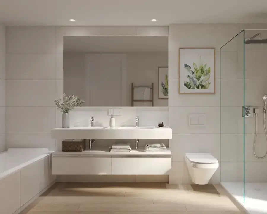 Un baño principal moderno y elegante con accesorios contemporáneos de alta calidad.