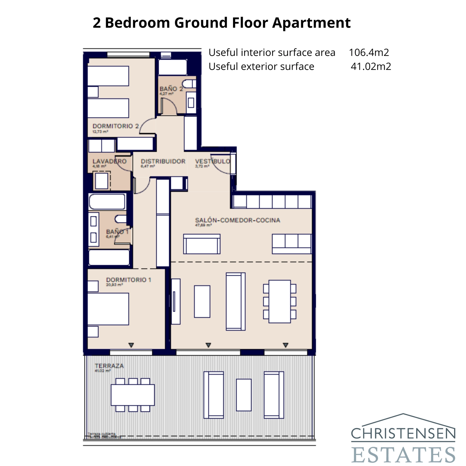 Este apartamento en planta baja de dos dormitorios, bien diseñado, cuenta con una generosa terraza para disfrutar de la vida al aire libre.
