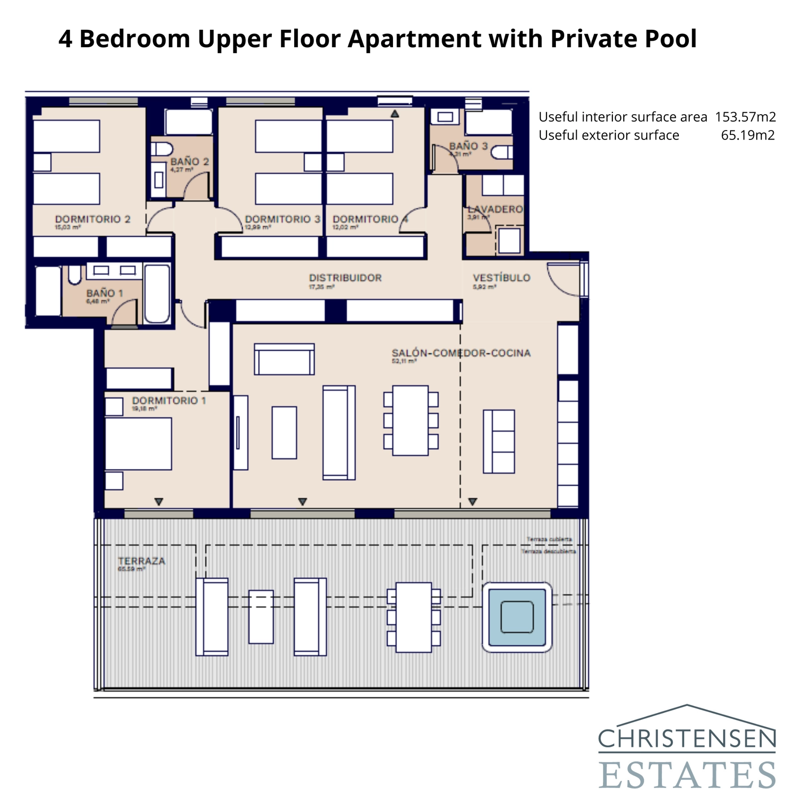 Una excepcional residencia de cuatro dormitorios en planta superior que cuenta con una gran terraza con piscina privada y vistas panorámicas.