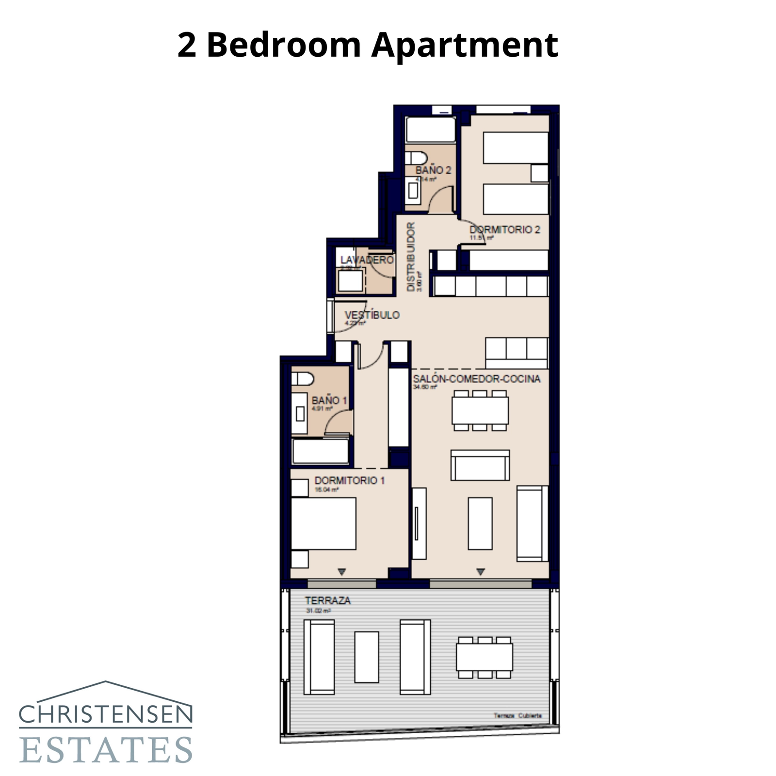 Esta distribución de dos dormitorios presenta un diseño práctico y espacioso, con un salón abierto que se extiende a una gran terraza.