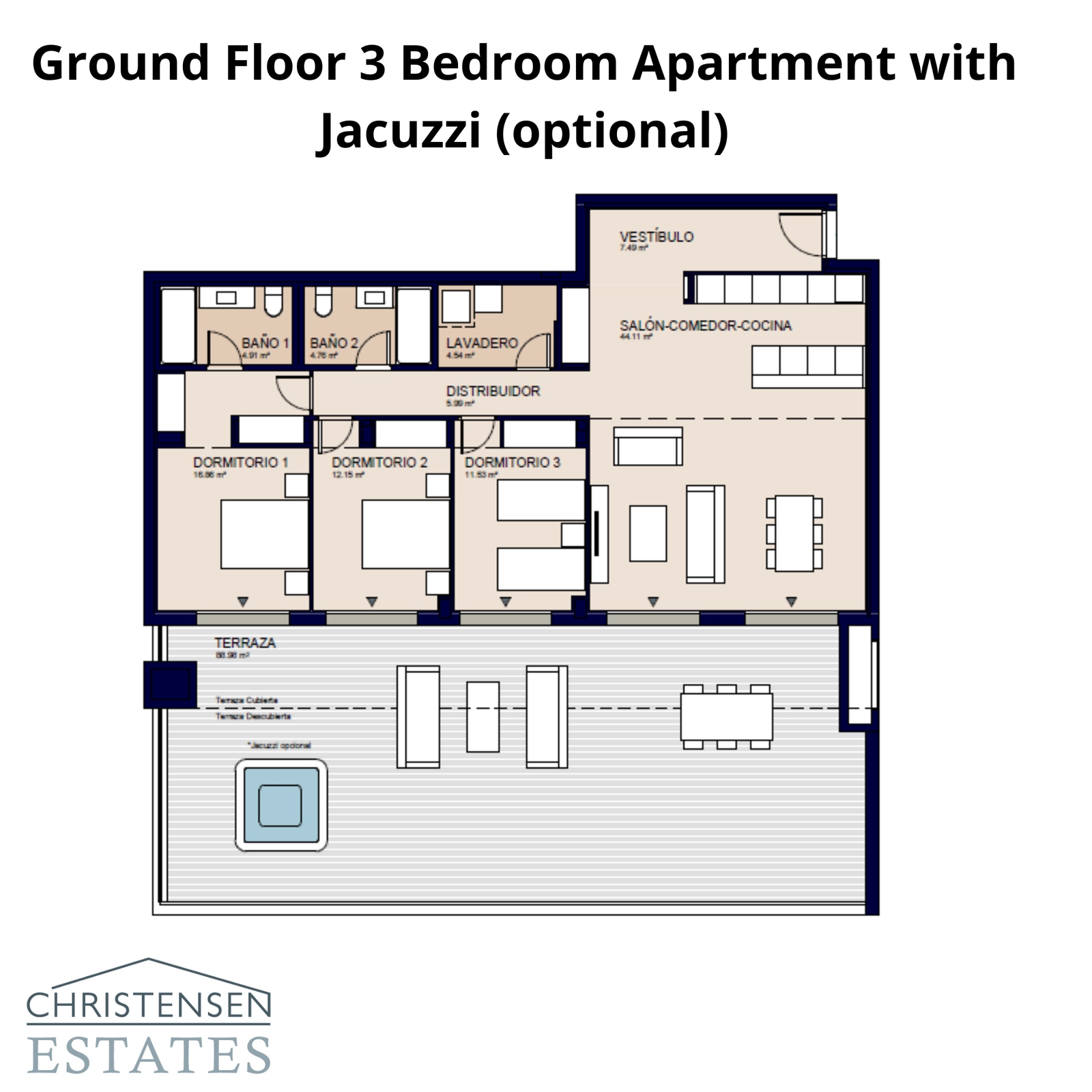 Una espaciosa vivienda de tres dormitorios en planta baja, que ofrece un jardín privado y una gran terraza, con la opción de un jacuzzi personal.