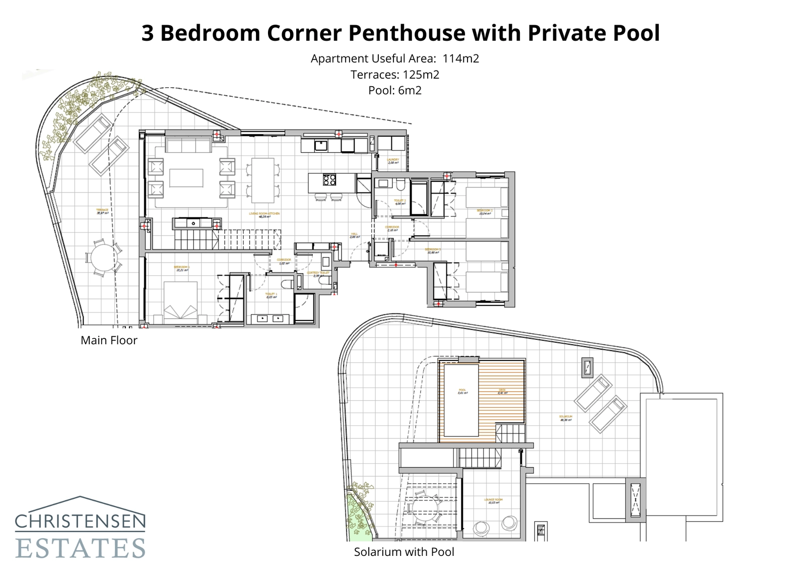 Explore el amplio ático esquinero de tres dormitorios, con generosos espacios habitables y un impresionante solárium con piscina privada para el máximo lujo y privacidad.